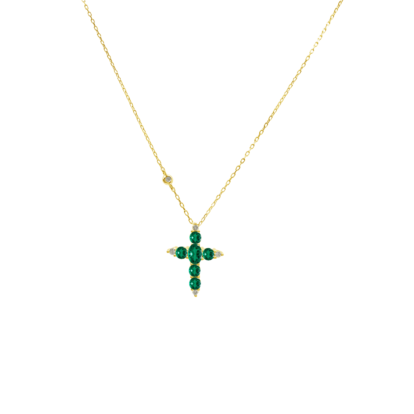 0.07Ct Dia 0.55Ct Em 14K Yellow Gold Emerald Cross Pendant Necklace 18In 1.2Dwt