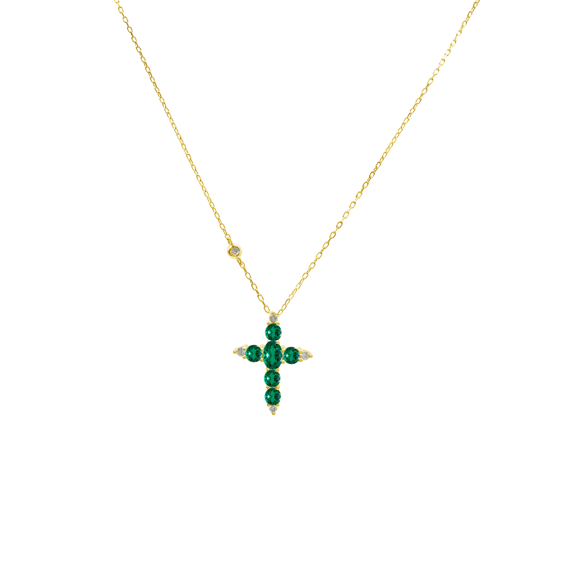0.07Ct Dia 0.55Ct Em 14K Yellow Gold Emerald Cross Pendant Necklace 18In 1.2Dwt