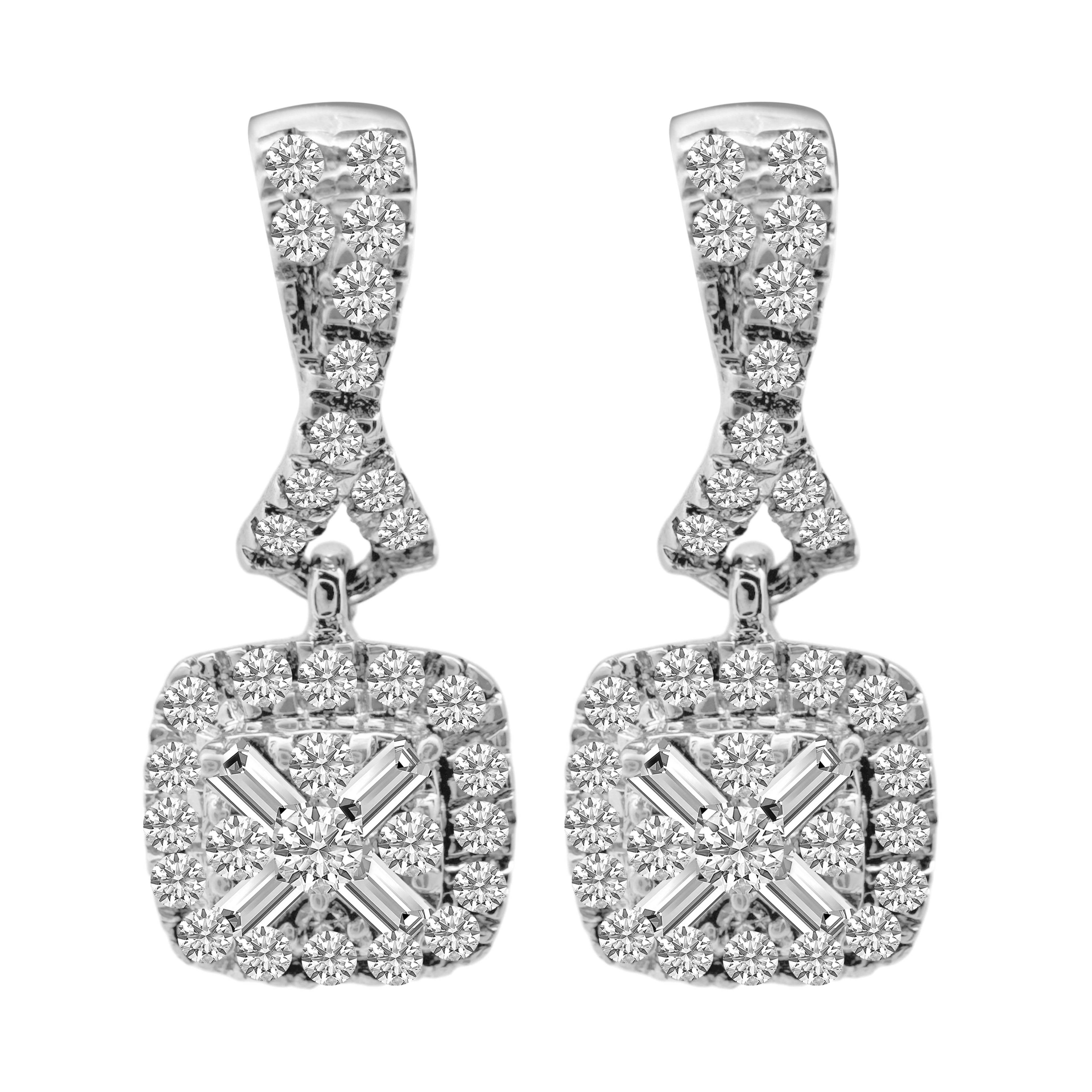 0.33Ctw 14K White Gold Square Diamond Cluster Drop Earrings
