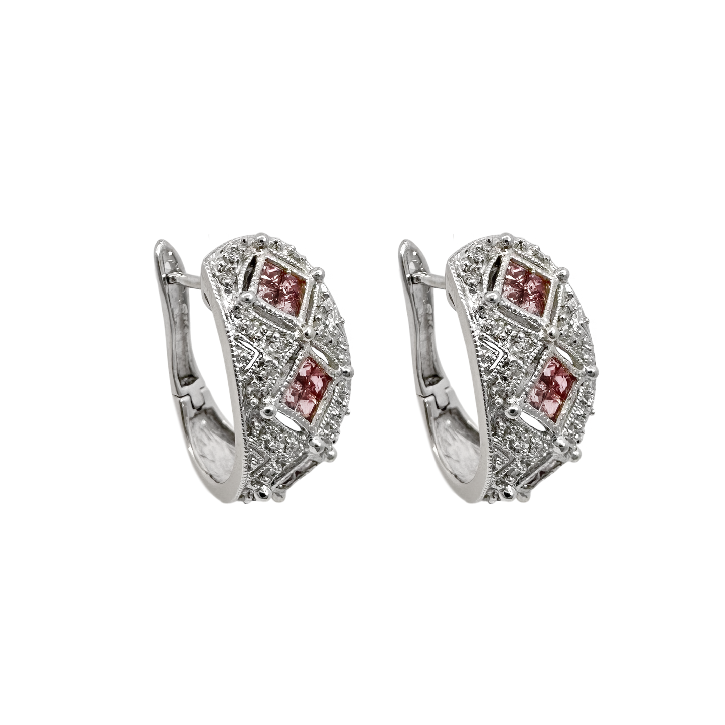 14K White Gold Diamond & Pink Sapphire Huggie Earrings 4.2Dwt