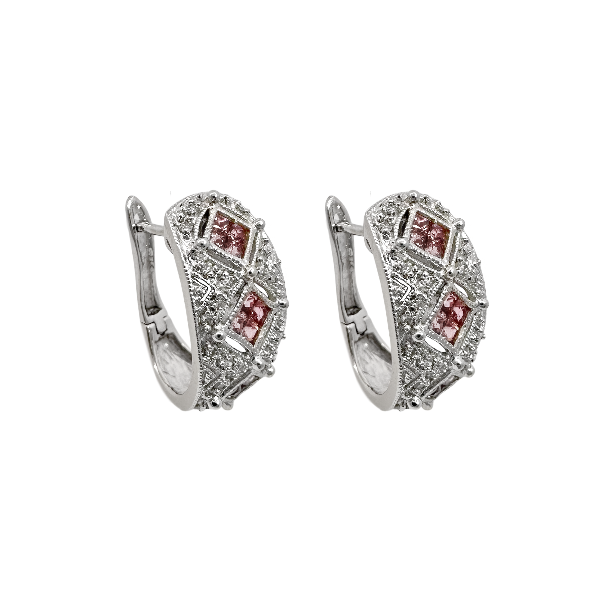 14K White Gold Diamond & Pink Sapphire Huggie Earrings 4.2Dwt