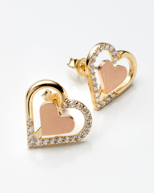 14K Two Tone Gold Cz & Rose Gold Heart Earrings 1.7Dwt
