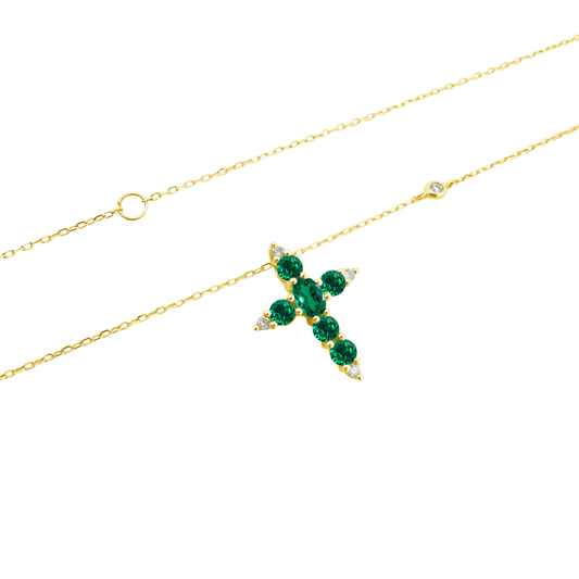 0.07Ct Dia 0.55Ct Em 14K Yellow Gold Emerald Cross Pendant Necklace 18In 1.2Dwt