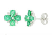 0.11Ctw Diamond 1.04Ctw Emerald 14K White Gold Flower Stud Earrings