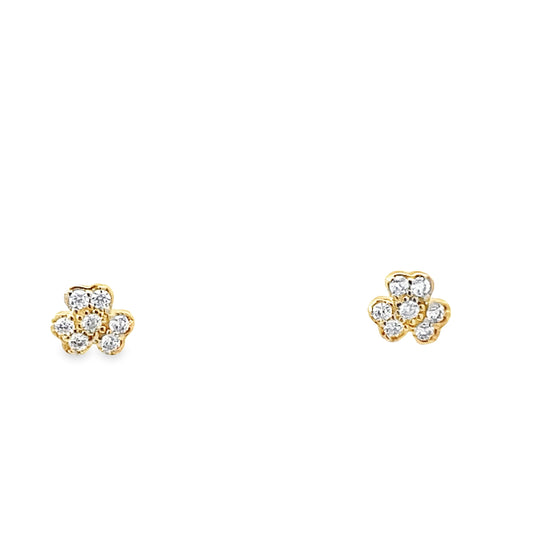 14K Yellow Gold Small Cz 3 Leaf Clover Stud Earrings