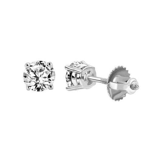 LADIES SOLITAIRE EARRINGS 1.00CT ROUND DIAMOND 14K WHITE GOLD