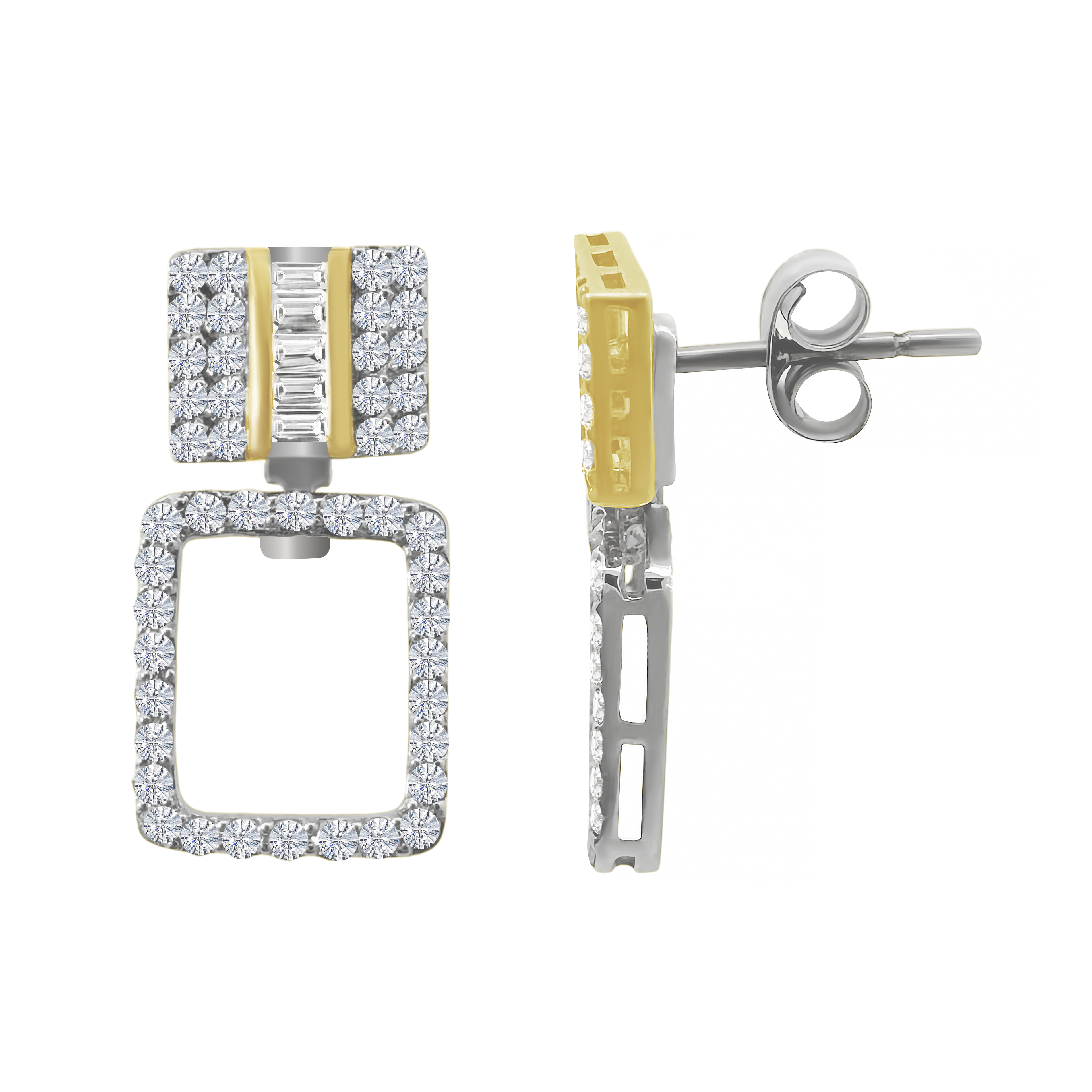 0.59Ct 10K Two Tone Square Diamond Drop Earrings