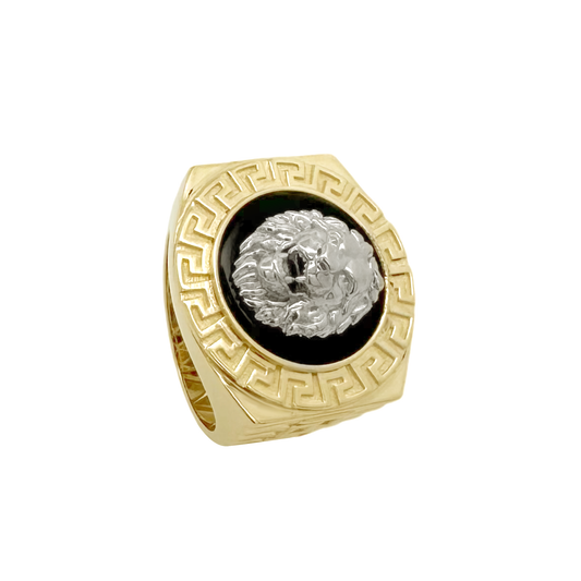 14K Yellow Gold Greek Key Onyx & Lion Face Fashion Mens Ring Size 9 6.7Dwt