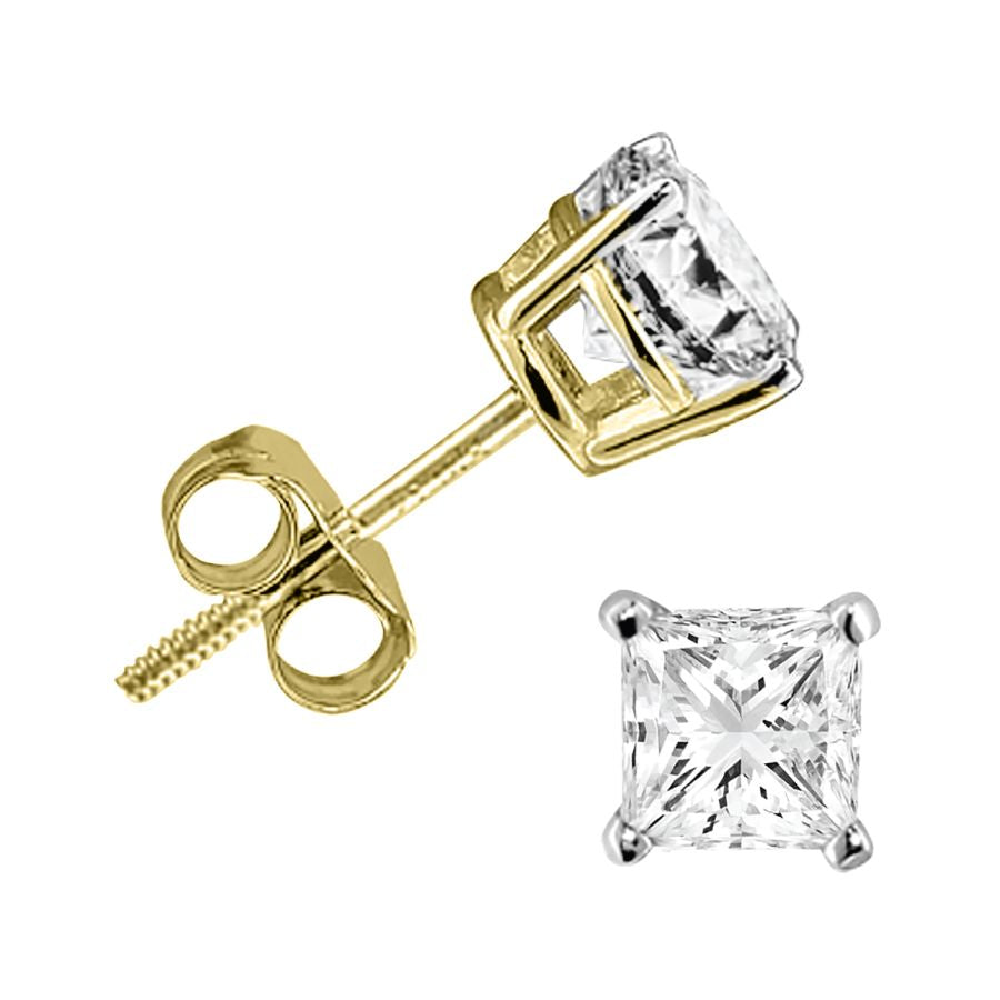 LADIES SOLITAIRE EARRINGS 0.25CT PRINCESS/MARQUISE DIAMOND 14K YELLOW GOLD