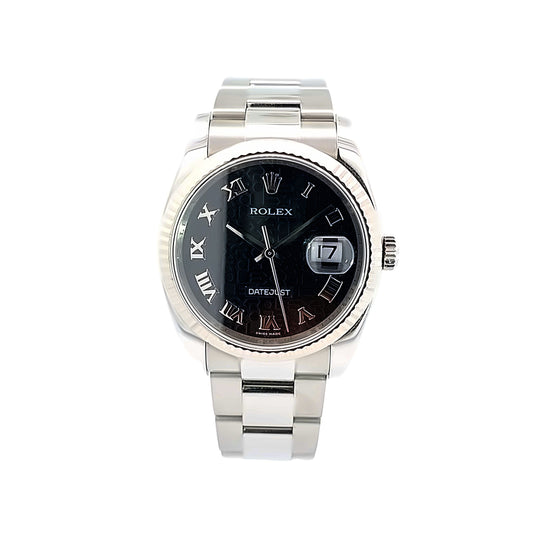 2006-2007 Rolex Pre-Owned Datejust 36Mm Model: 126234  Black Computer Dial Roman Numeral Markers 18K White Gold Fluted Bezel