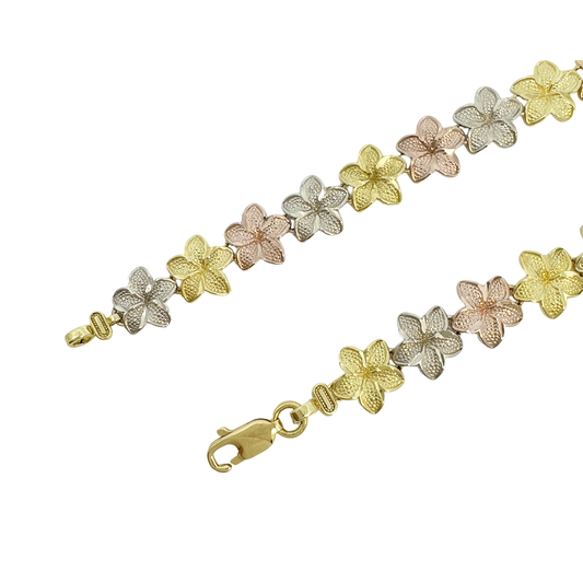 14K Yellow Gold Tricolor Flowers Style Link Bracelet 7.5In 4.5Dwt