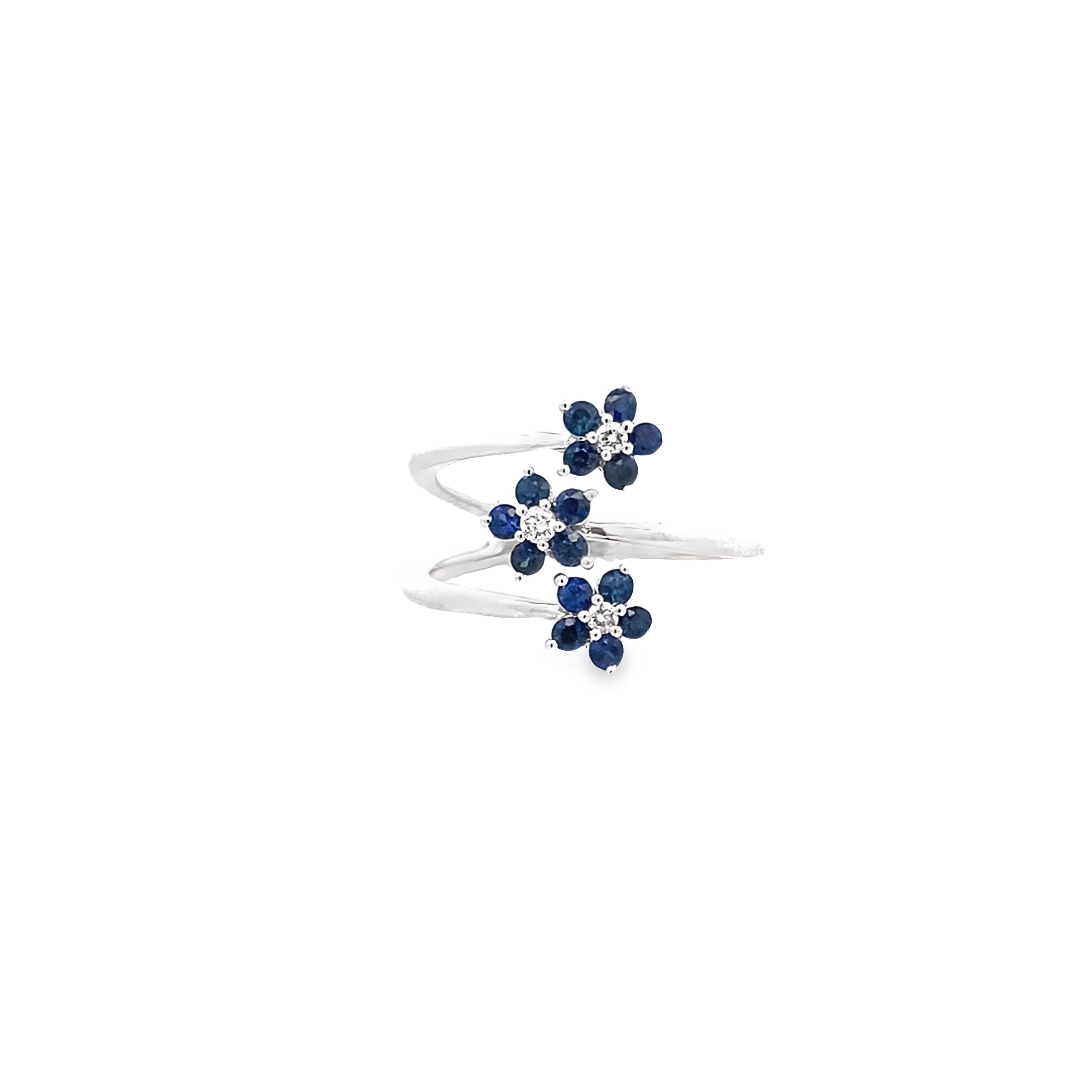 0.07Ctw Dird/0.51Ctw Sard 14K White Gold Dia & Sapphire Flowers Ring Size 7 2.2Dwt