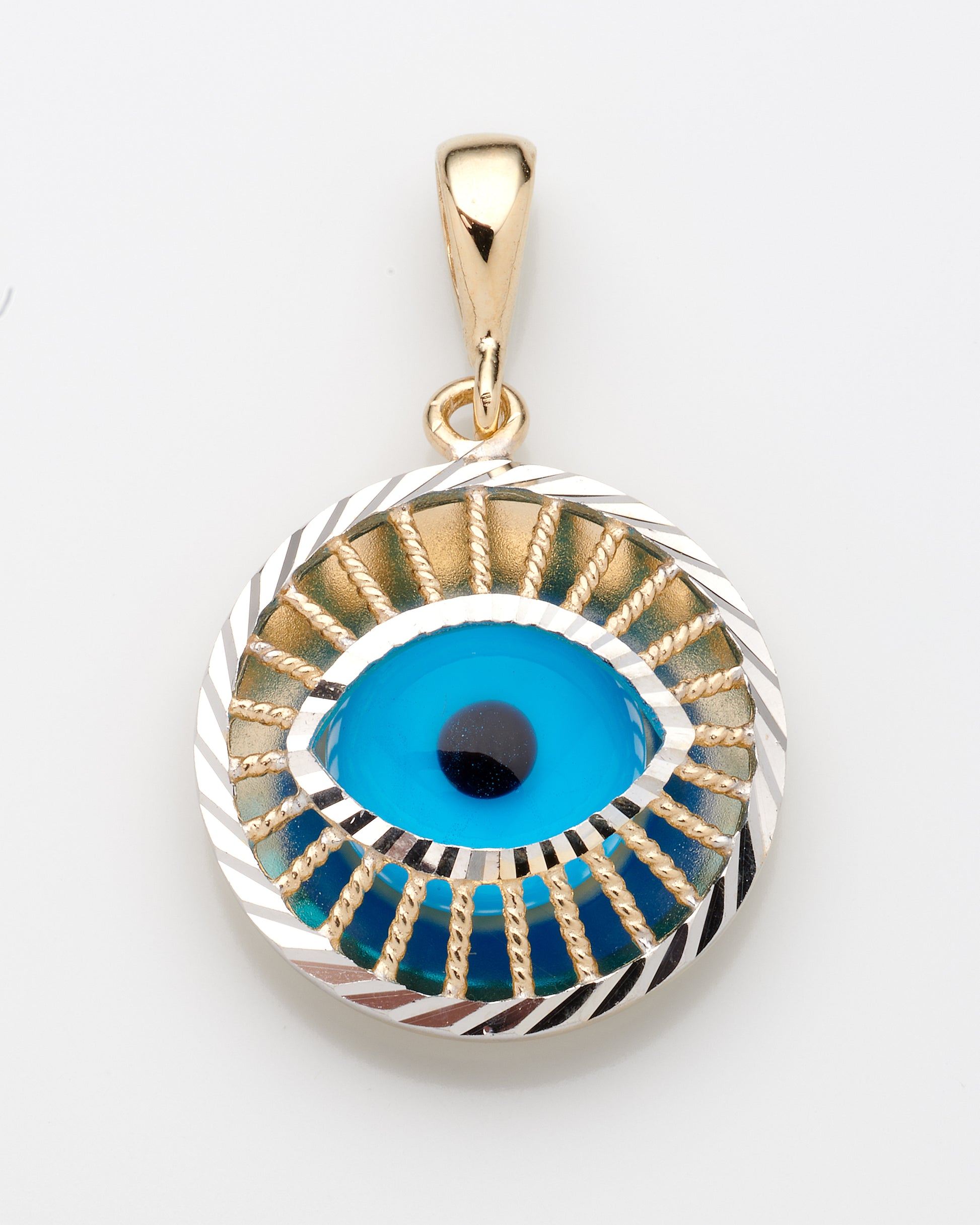 14K Two Tone Diamond Cut Blue Evil Eye Pendant 1.4Dwt