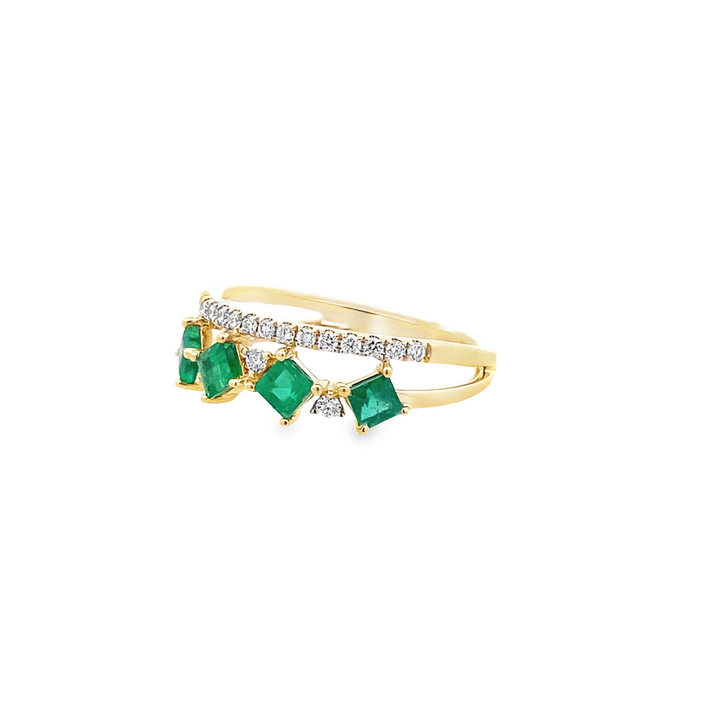 0.21Ctw Dird/0.74Ctw Emsq 14K Yellow Gold Emerald & Dia Ring Size 7 1.6Dwt