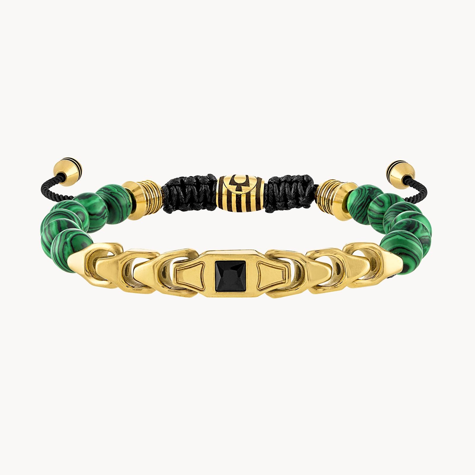 Bulova Classic Bolo Bracelet Stainless Steel Gold Tone With Black Cord  Black Spinel & Malachite