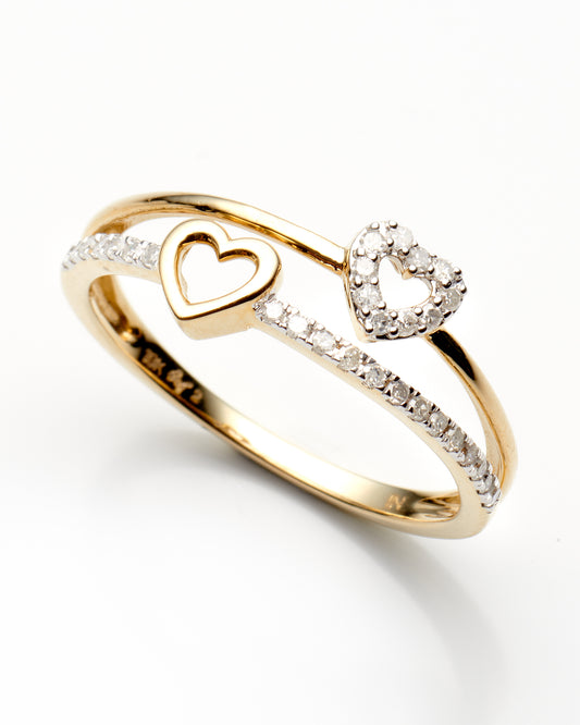 0.15Ctw 10K Yellow Gold Double Heart Ring Size 7 1.0Dwt