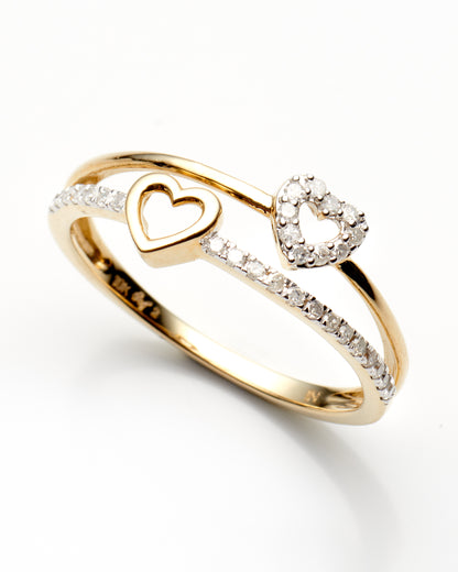 0.15Ctw 10K Yellow Gold Double Heart Ring Size 7 1.0Dwt