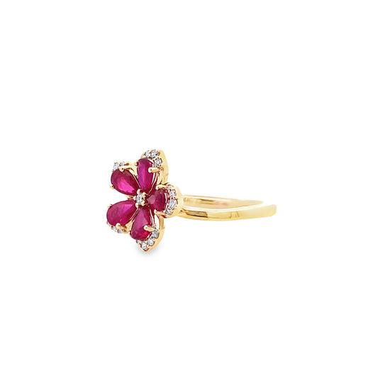 1.20Ctw Rbpr/0.11Ctw Dird 14K Yellow Gold Ruby & Diamond Flower Ring Size 7 2.3Dwt