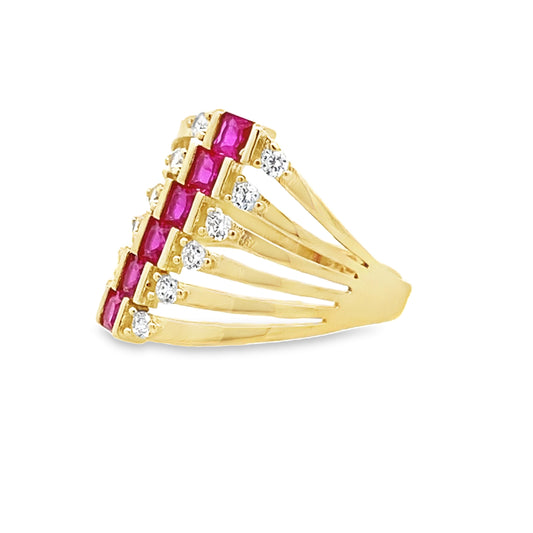 14K Yellow Gold Red & White Stones Fashion Ring Size 8.5 2.7Dwt