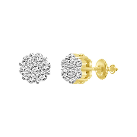 LADIES FLOWER EARRINGS 0.15CT ROUND DIAMOND 10K YELLOW GOLD