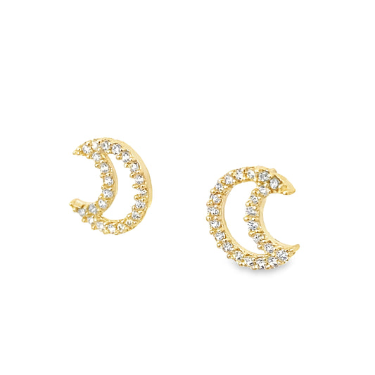 14K Yellow Gold Cz Moon Stud Earrings