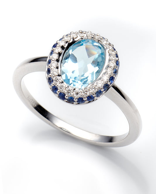 0.11Ctw Dia 0.19Ctw Sapphire 1.57Ctw Blue Topaz 18K White Gold Ring Size 7 2.3Dwt