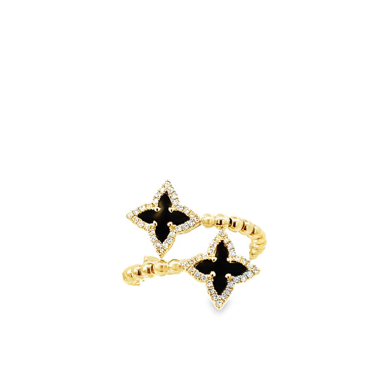 0.20Ctw Diamond 1.06Ctw Onyx 14K Yellow Gold Flower Bypass Ring Size 7 2.0Dwt
