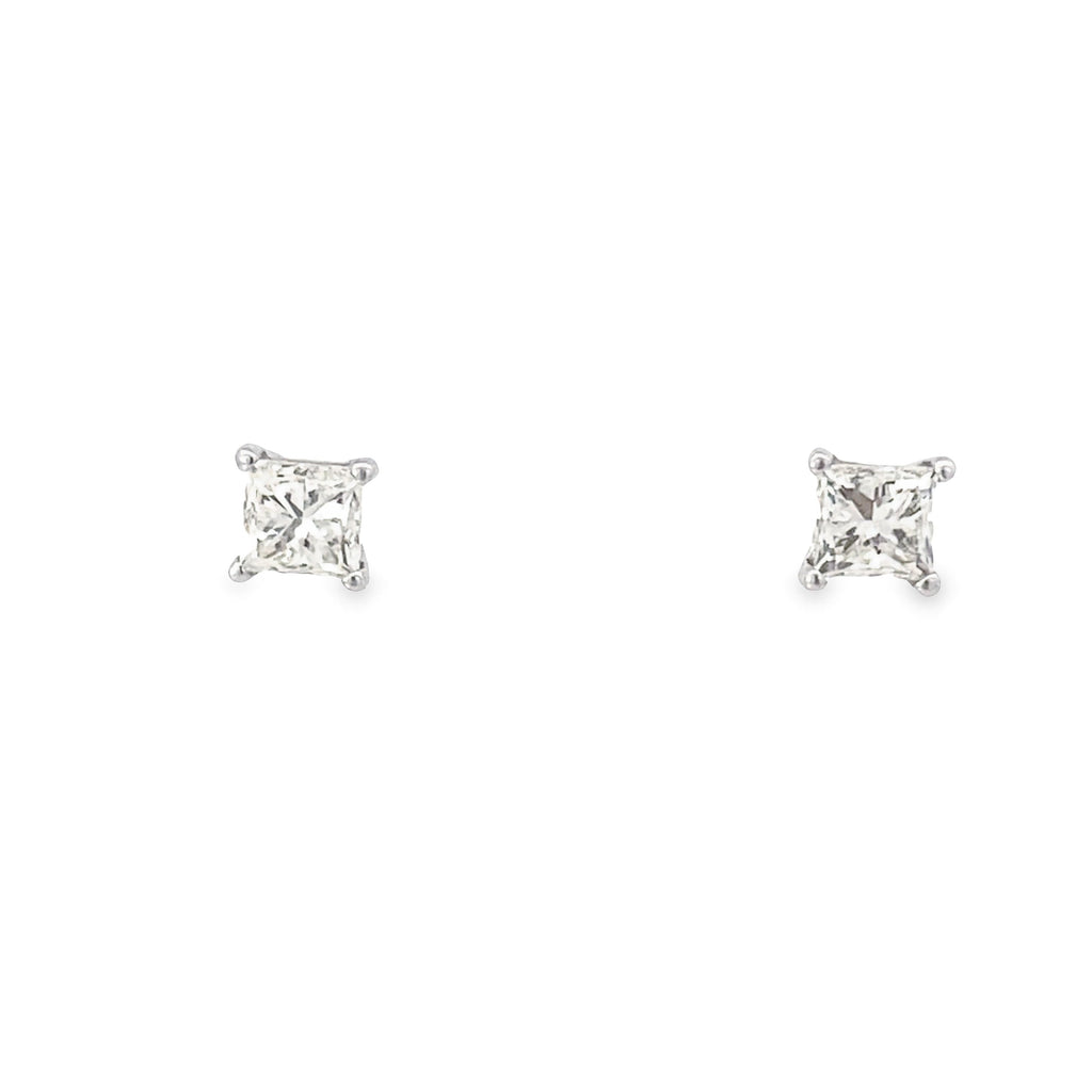 0.74Ctw 14K White Gold Solitaire Princess Cut Diamond Earrings 0.5Dwt