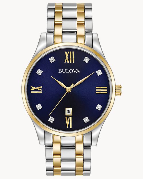 Bulova Mens Watch Blue Dial Stainless Steel And Gold-Tone Accents On Case  (98D130)
