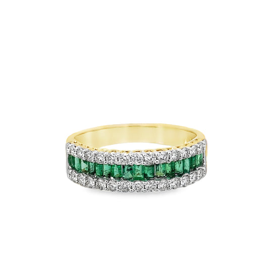 0.53Ctw Diamond 0.64Ctw Emerald 14K Yellow Gold Ladies Fashion Ring Size 7 2.1Dwt