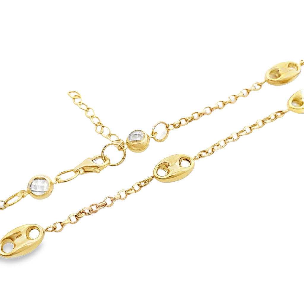 10K Yellow Gold Mariner Puff Station Anklet 10In 2.2Dwt