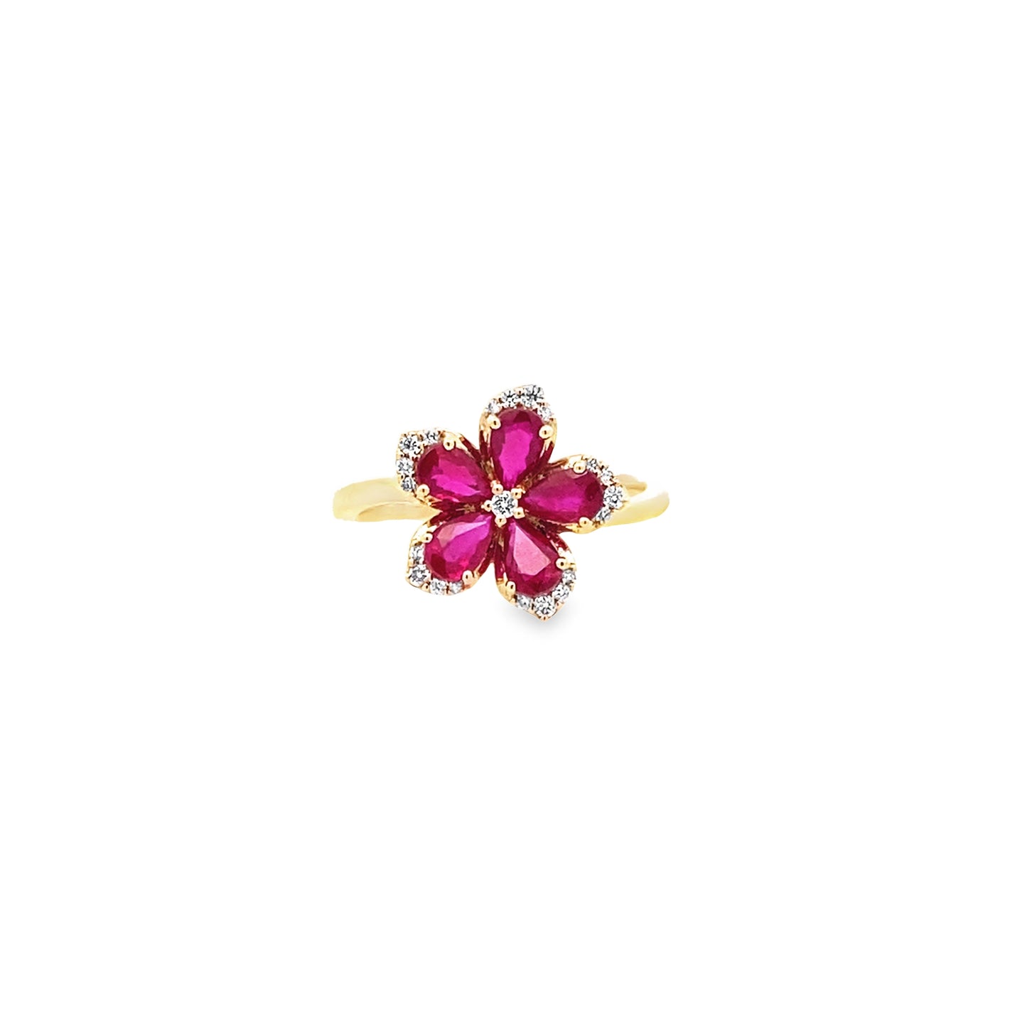1.20Ctw Rbpr/0.11Ctw Dird 14K Yellow Gold Ruby & Diamond Flower Ring Size 7 2.3Dwt