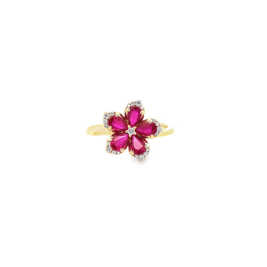 1.20Ctw Rbpr/0.11Ctw Dird 14K Yellow Gold Ruby & Diamond Flower Ring Size 7 2.3Dwt