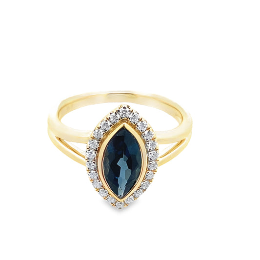 1.29 Lbmq/0.19 Ctw Dird 14K Yellow Gold London Blue Topaz & Dia Ring Size 7 2.8Dwt