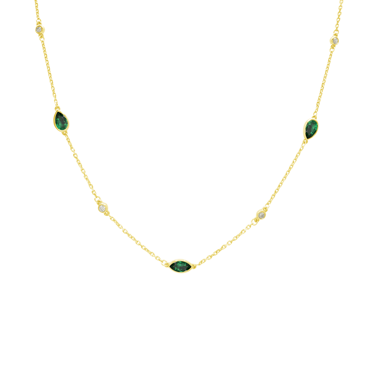 0.12Ct Dia 1.02Ct Emerald 14K Yellow Gold Emerald & Diam Station Necklace 18In 1.9Dwt