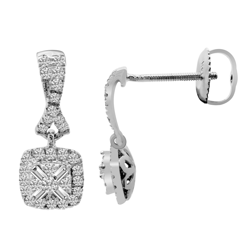 0.33Ctw 14K White Gold Square Diamond Cluster Drop Earrings
