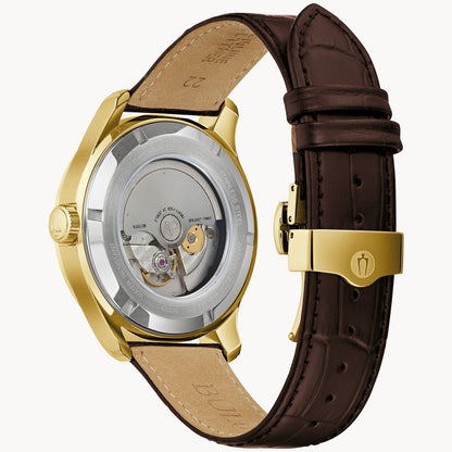 Bulova Mens Wilton Gmt Watch (97B210) Brown Leather Straps Gold Tone World Map Dial