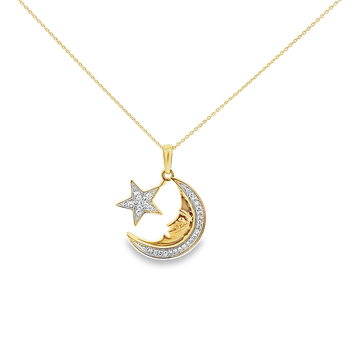 0.10Ctw 14K Yellow Diamond Star & Moon Necklace 19In 1.6 Dwt