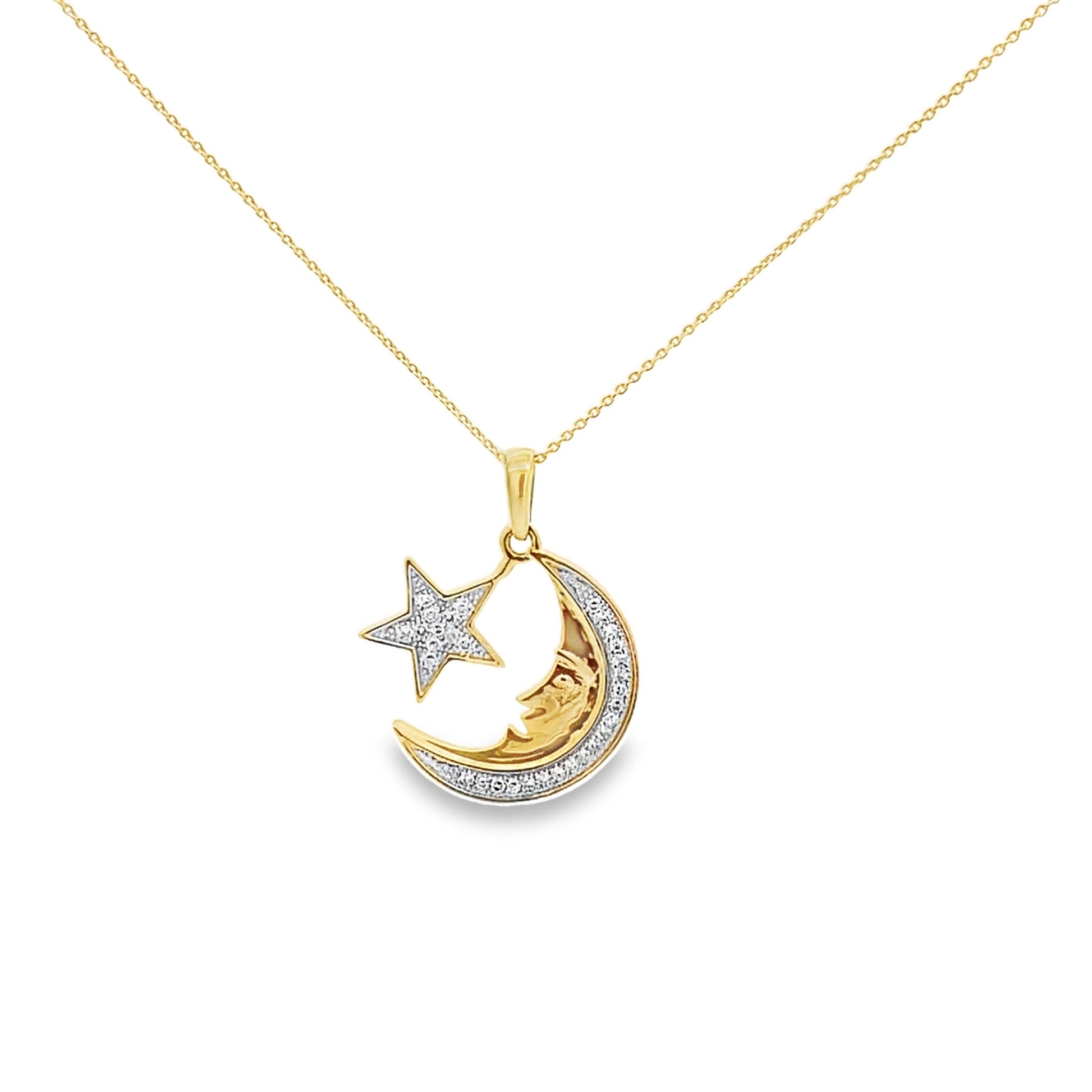 0.10Ctw 14K Yellow Diamond Star & Moon Necklace 19In 1.6 Dwt