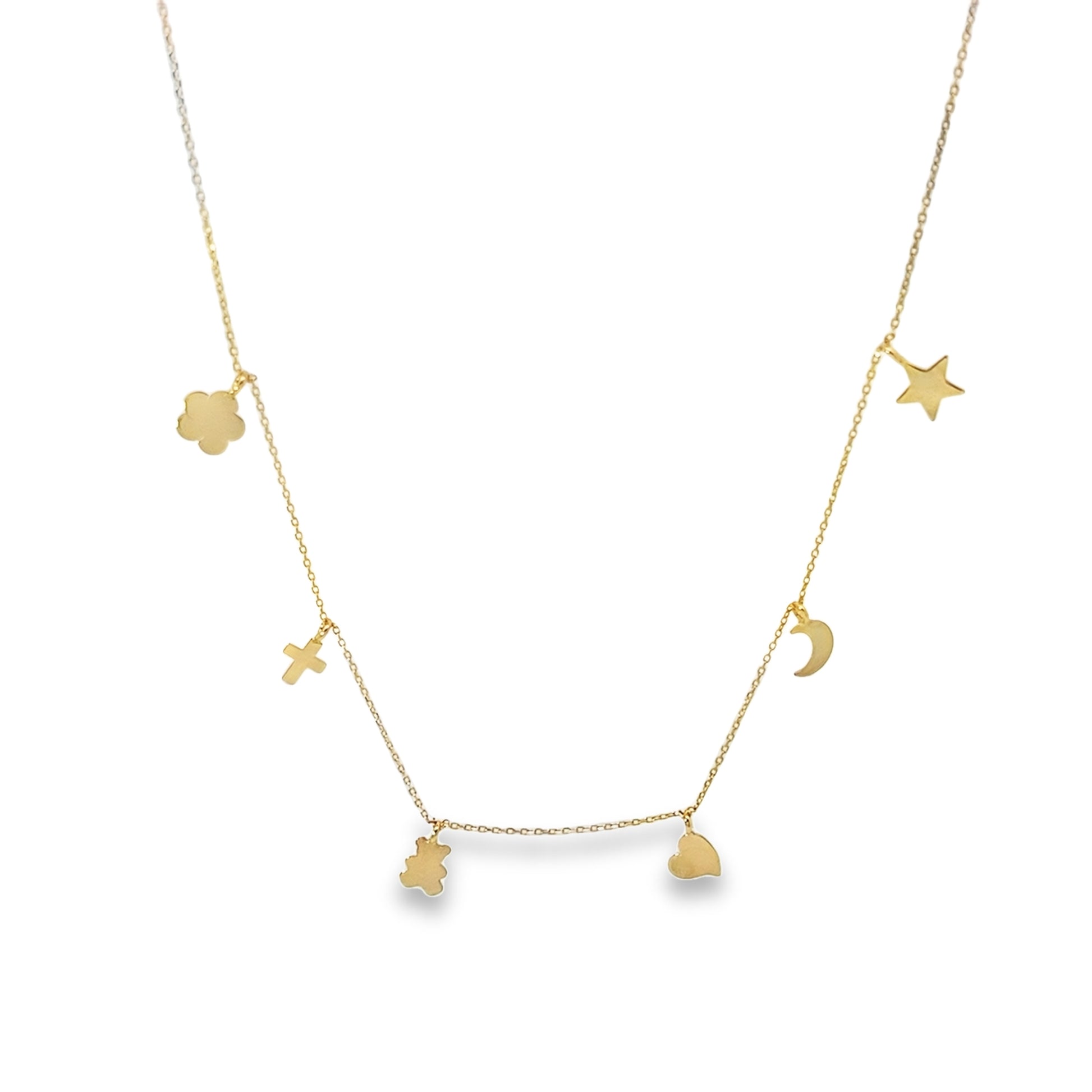 14K Yellow Gold 6 Charm Station Necklace 18In
