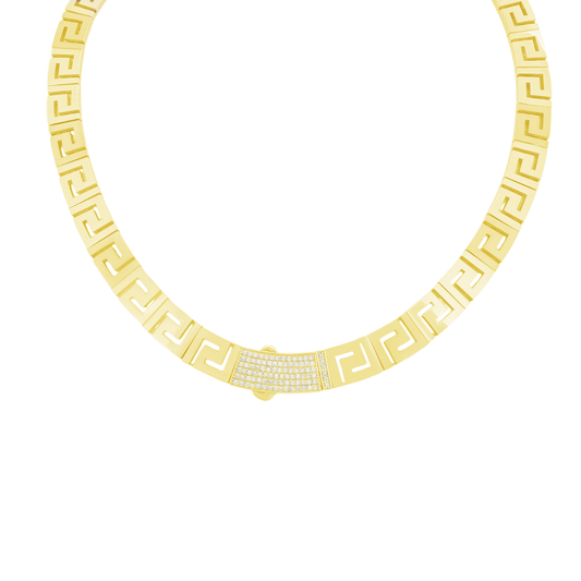 10K Yellow Gold Cz Clasp Greek Key Style Link Necklace 18In 29.1Dwt