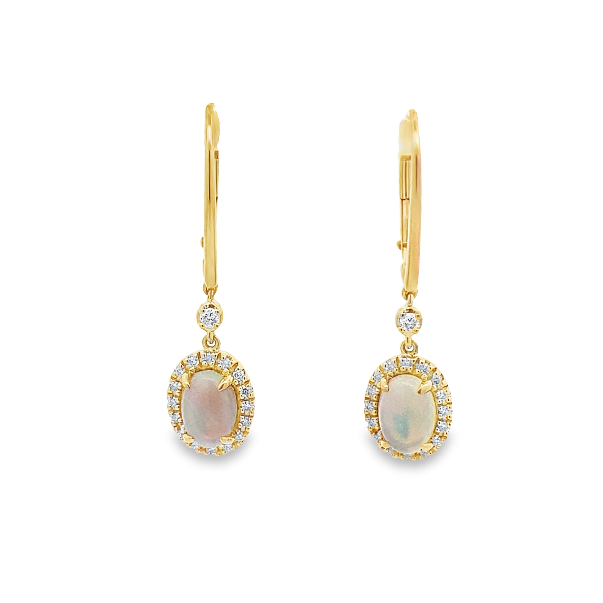 1.08 Opob/ 0.21 Ctw Dird 14K Yellow Gold Opal & Dia Drop Earrings 1.8Dwt
