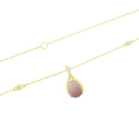 0.05Ct Dia 1.43Ct Po 14K Yellow Gold Pink Opal  & Dia Pendant Necklace 18In 1.3Dw
