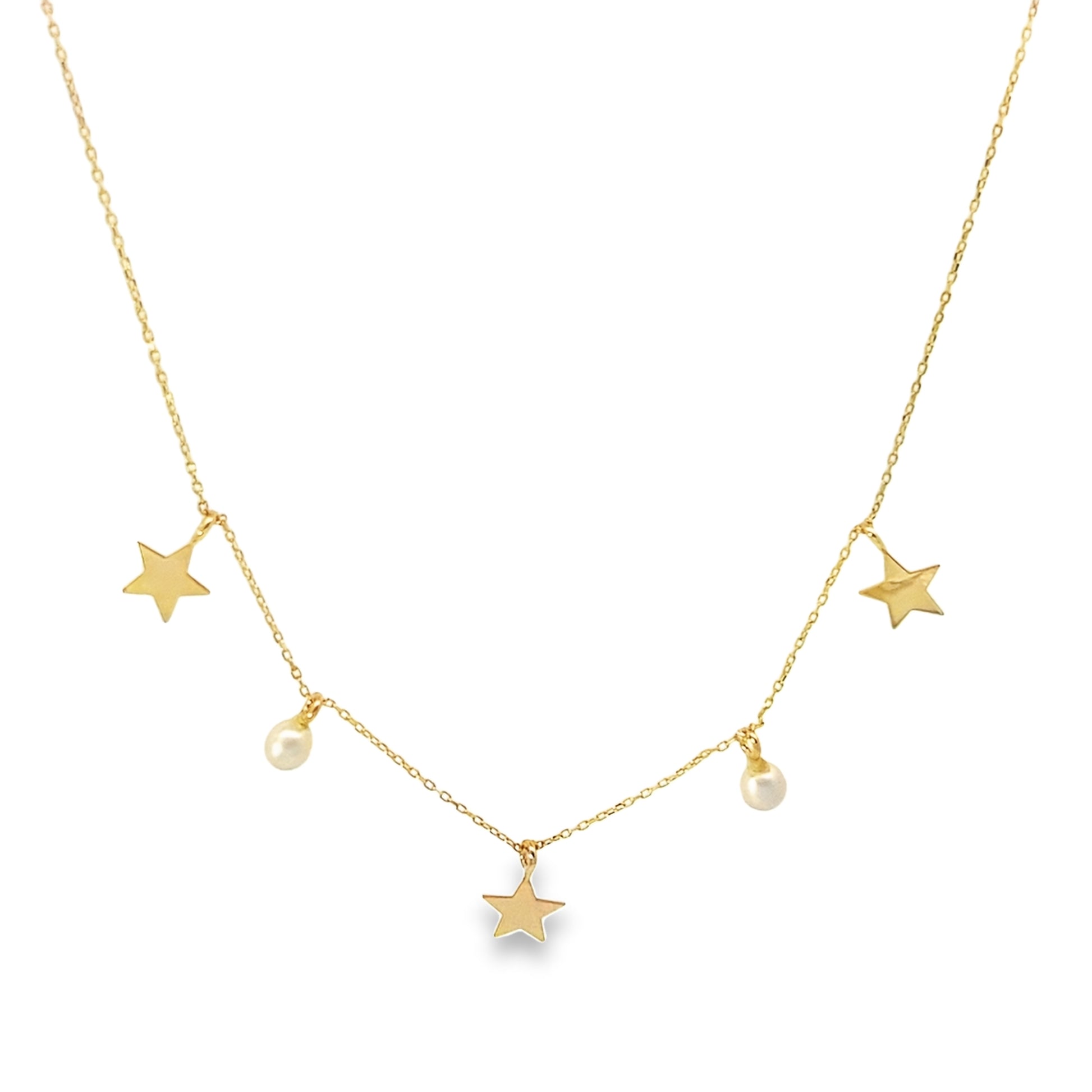 14K Yellow Gold Pearl & Star Charm Station Necklace 18In
