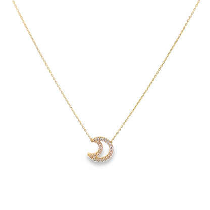 14K Yellow Gold Cz Moon Pendant Necklace 18In