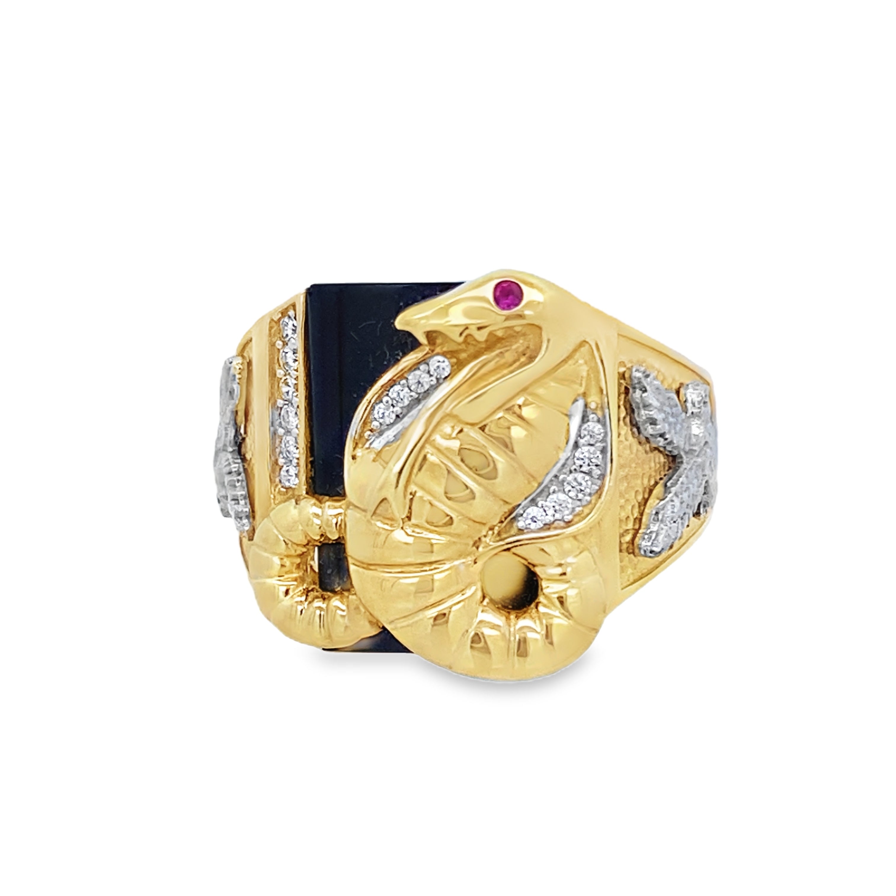 14K Two Tone Gold Onyx Cobra Red Eyes Fashion Mens Ring Size 11 6.7Dwt