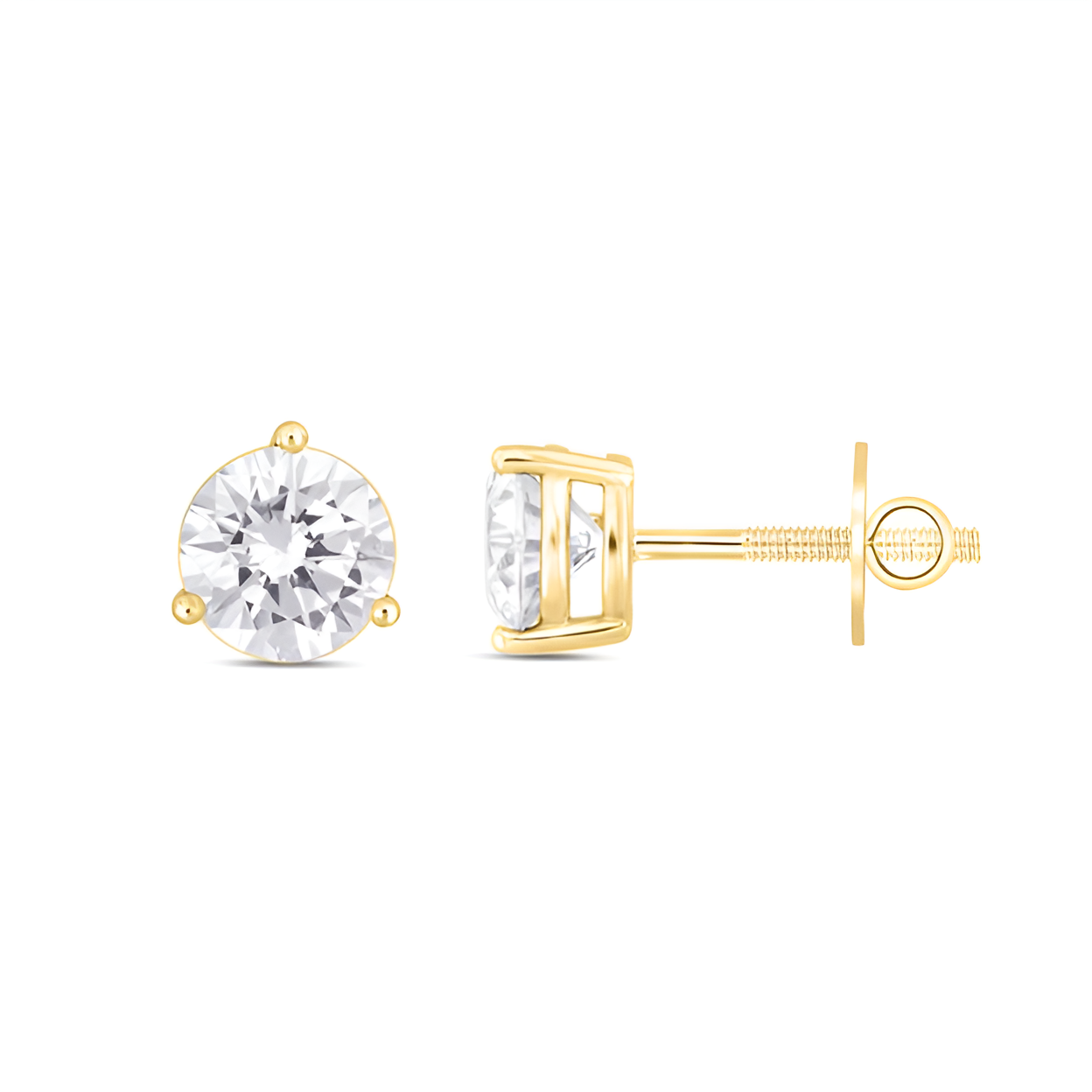 3.00Ctw 14K Yellow Gold Round Lab Grown Diamond 3-Prong Basket Solitaire Stud Earrings 1.3Dwt Igi Certified