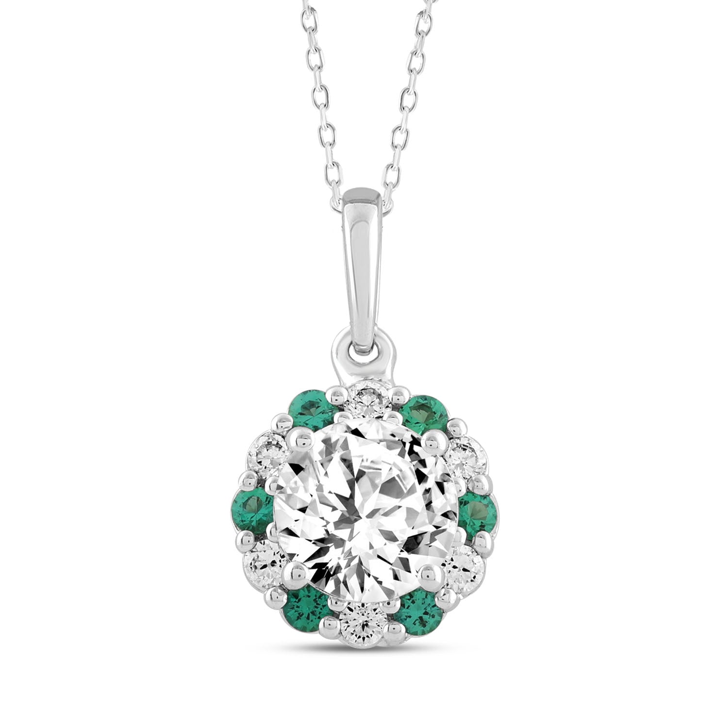 1.28Ct 14K White Gold Lab Grown Diamond & Emerald Pendant Necklace 1.6Dwt