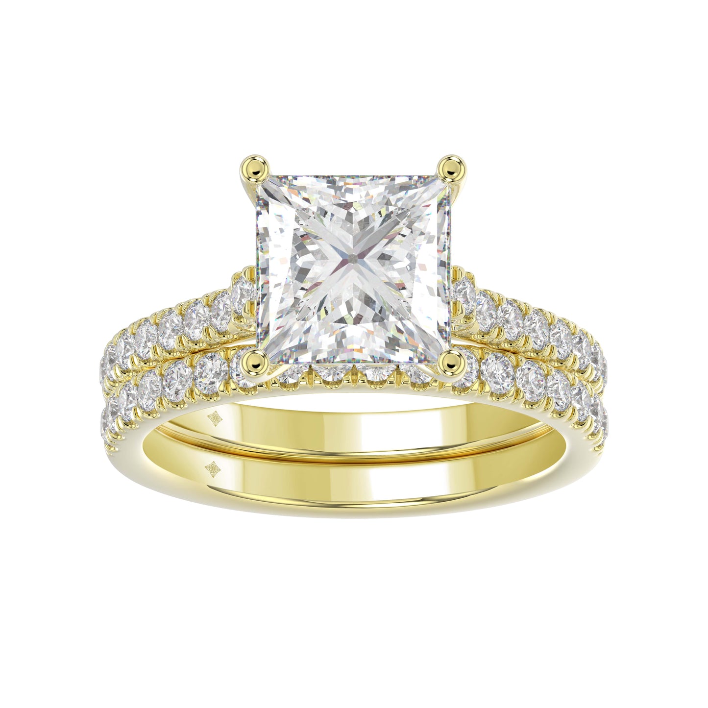 3.55Ctw 14K Yellow Gold Rd/Princess Cut Lab Grown Diamond Engagement Ring Set Size7 3.4Dwt