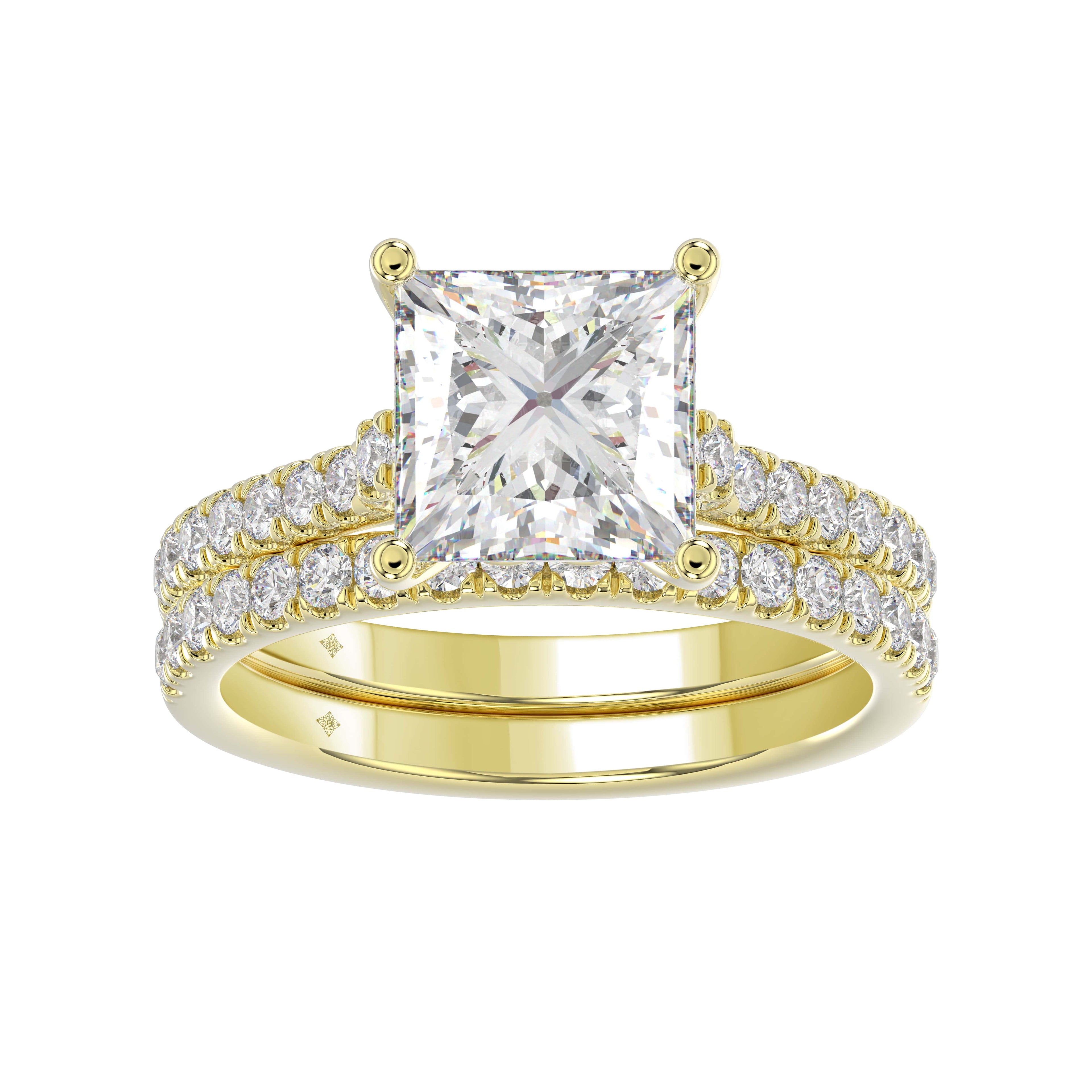 3.55Ctw 14K Yellow Gold Rd/Princess Cut Lab Grown Diamond Engagement Ring Set Size7 3.4Dwt